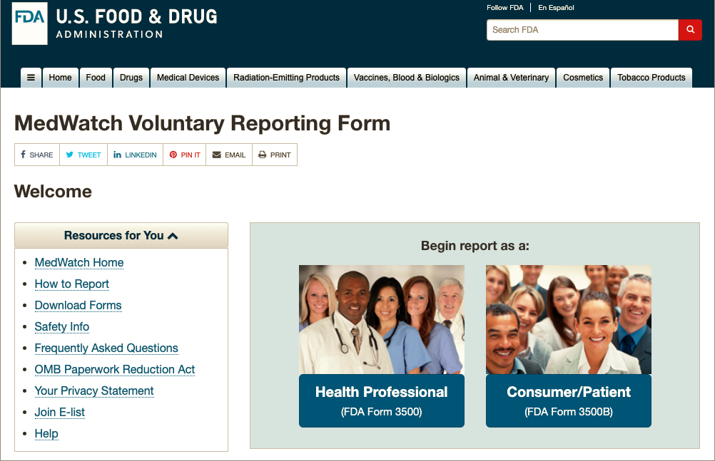 FDA Medwatch Voluntary Reporting Form